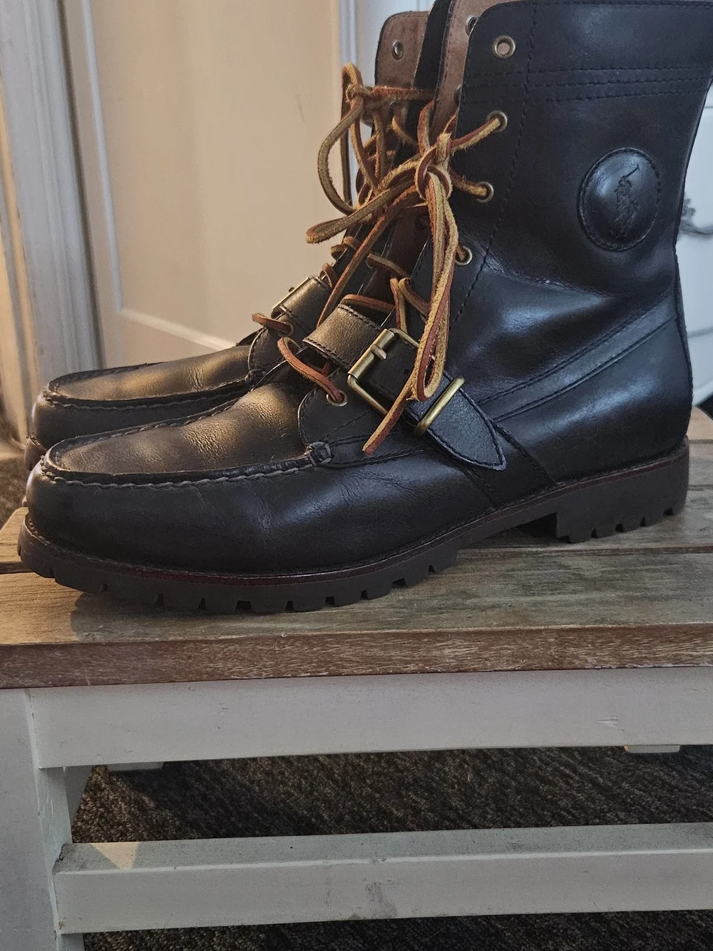 Ralph Lauren Newport Navy Leather Lace-Up Ranger Boots. Size: 11